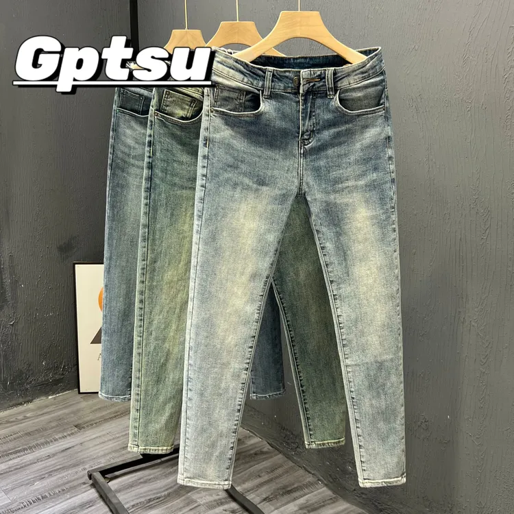 GPTSu弹性小脚牛仔裤男韩版长裤修身裤子春秋男士浅蓝水洗九分裤
