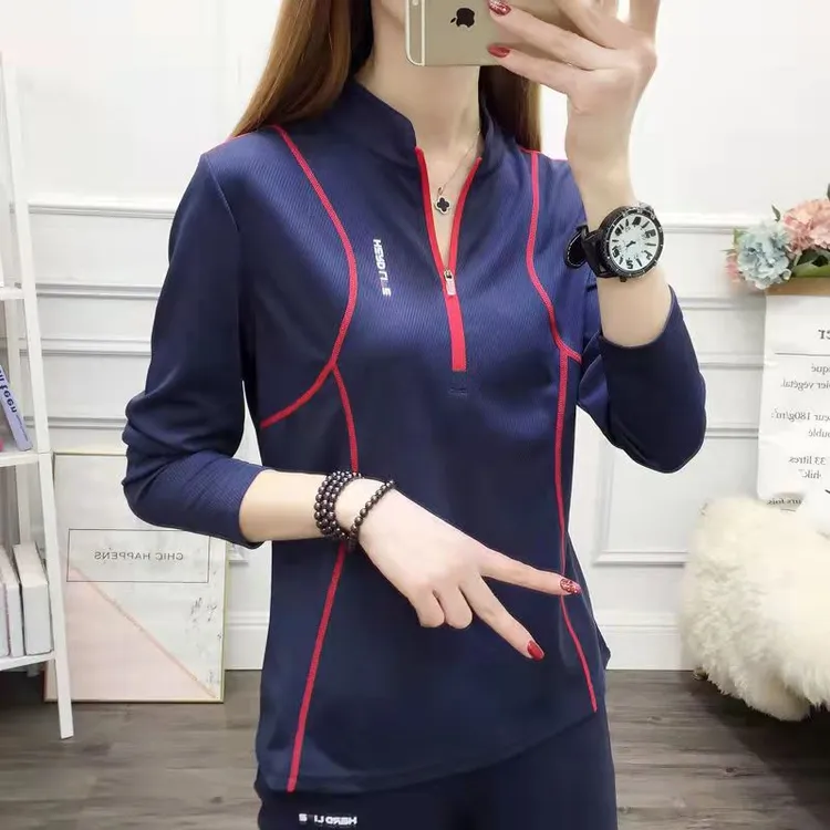 长袖速干衣女户外运动服健身操跑步队服帅气短袖潮流t恤针织立领