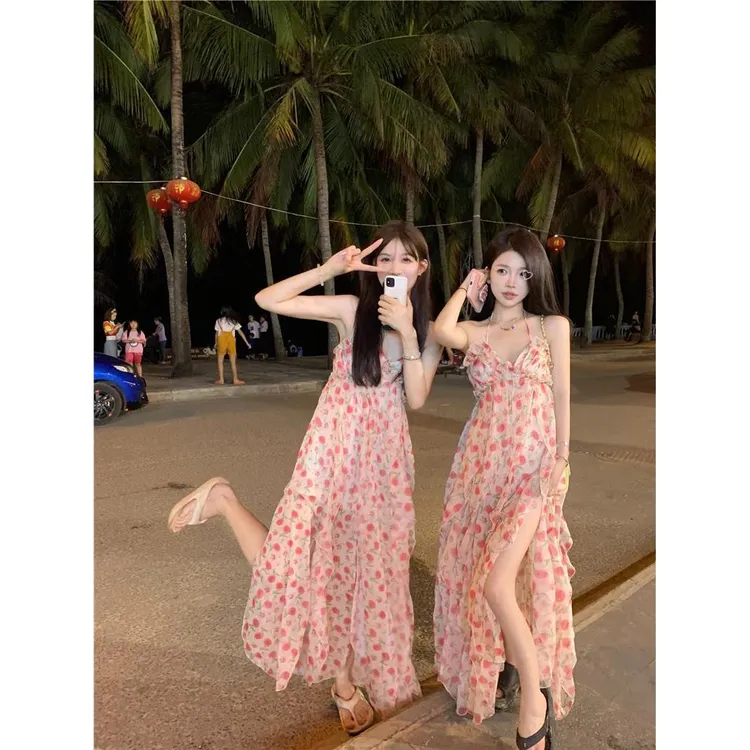 鲜花瀑布挂脖碎花裙开叉露背长裙拖地裙度假长裙