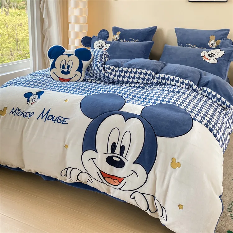 媞雨迪士尼牛奶绒床上四件套儿童男童珊瑚绒床单被套男孩三件套冬