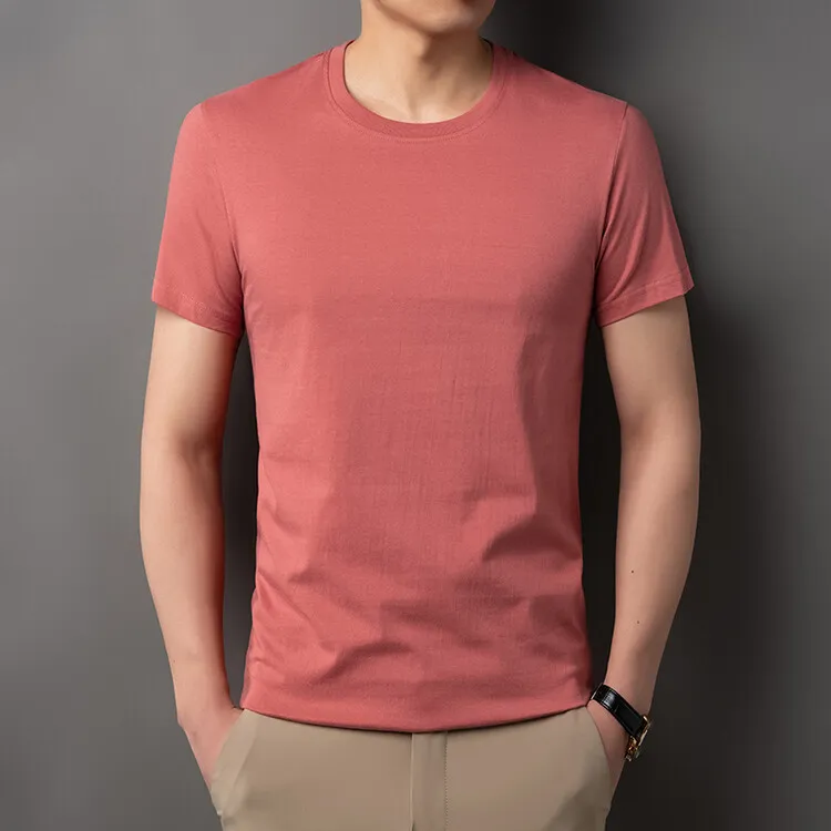 纯色商务100%棉T恤t恤修身半袖上衣圆领中年男士时尚夏季短袖薄款