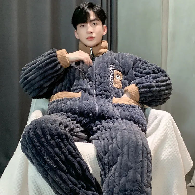 【三层夹棉加厚加绒】男士睡衣冬季珊瑚绒保暖法兰绒家居服套装