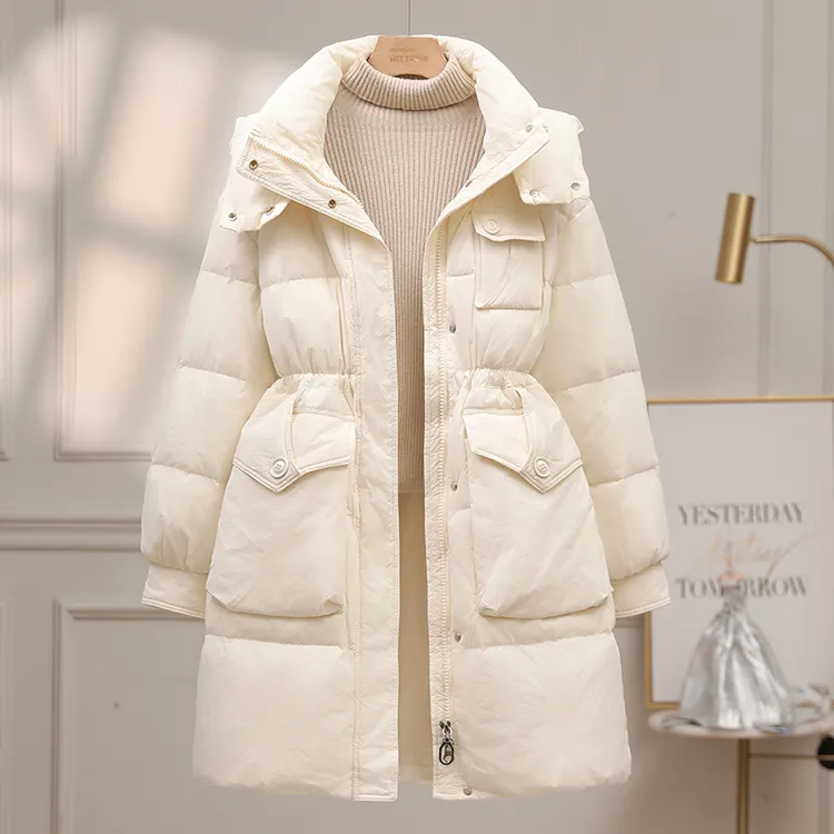 白鹅绒羽绒服女中长款2025新款冬季加厚收腰显瘦修身连帽时尚外套