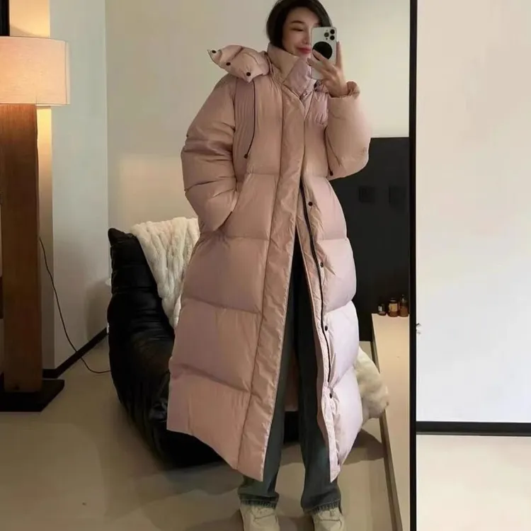 粉色过膝长款大码羽绒服女2025年冬季新款韩版宽松加厚白鸭绒外套