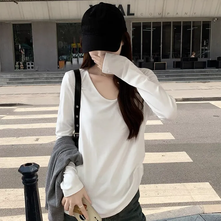 慵懒松弛感白色V领正肩长袖T恤女秋季宽松遮肚子显瘦打底衫上衣商品图