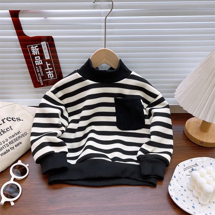 2024儿童高领加绒卫衣秋冬新款百搭条纹一体绒卫衣男女童圆领卫衣