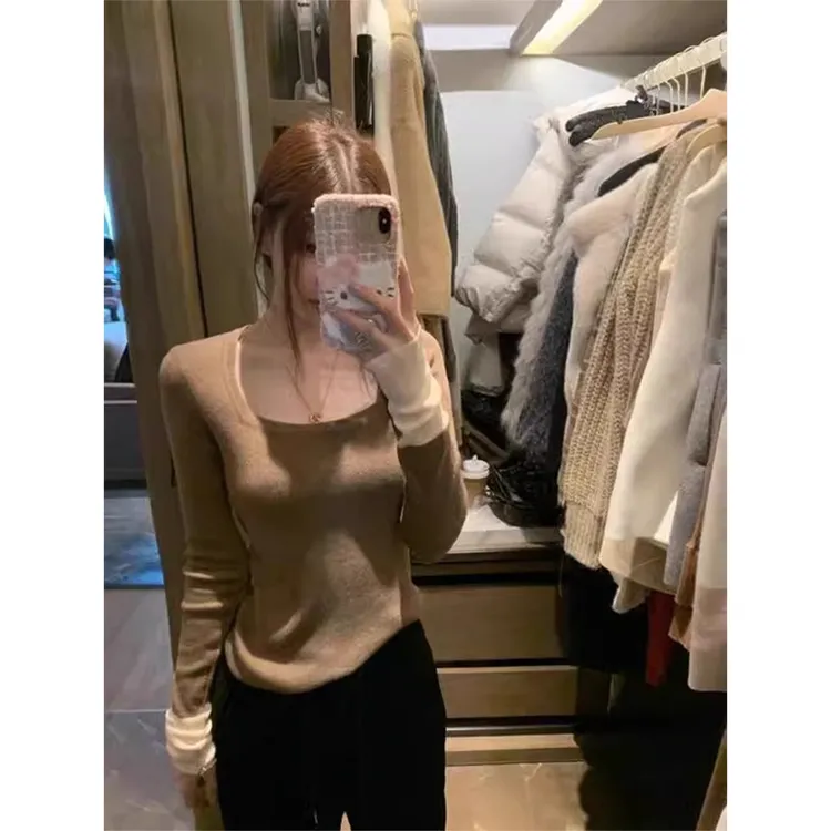 法式咖色方领长袖针织打底衫女秋冬季大领口毛衣内搭修身显瘦上衣