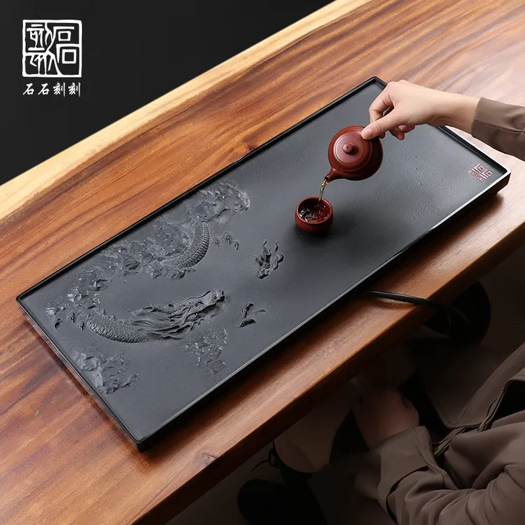 石石刻刻游龙戏珠乌金石茶盘客厅家用精雕刻天然石茶台排水茶海