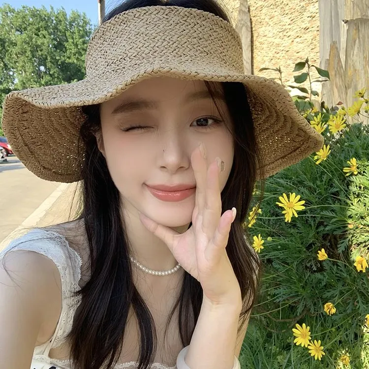 ~高密纸草遮阳空顶帽帽子女夏季海边度假可折叠防晒太阳帽