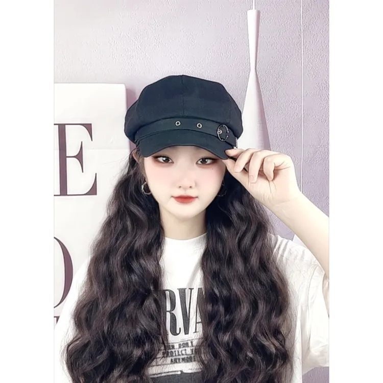 秋冬款帽子假发一体时尚八角帽女百搭洋气水波纹自然逼真假发帽子