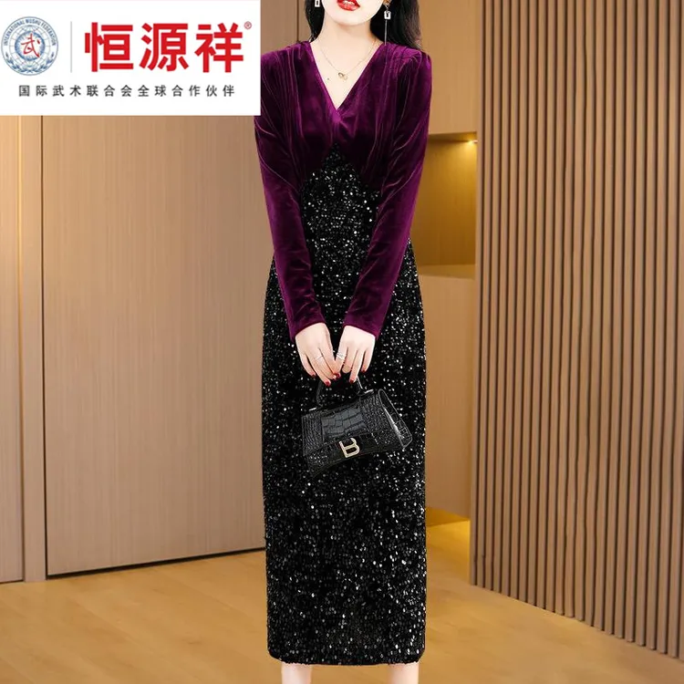 恒源祥集团金丝绒连衣裙秋冬2024新款高端品牌喜婆婆婚宴装旗袍礼