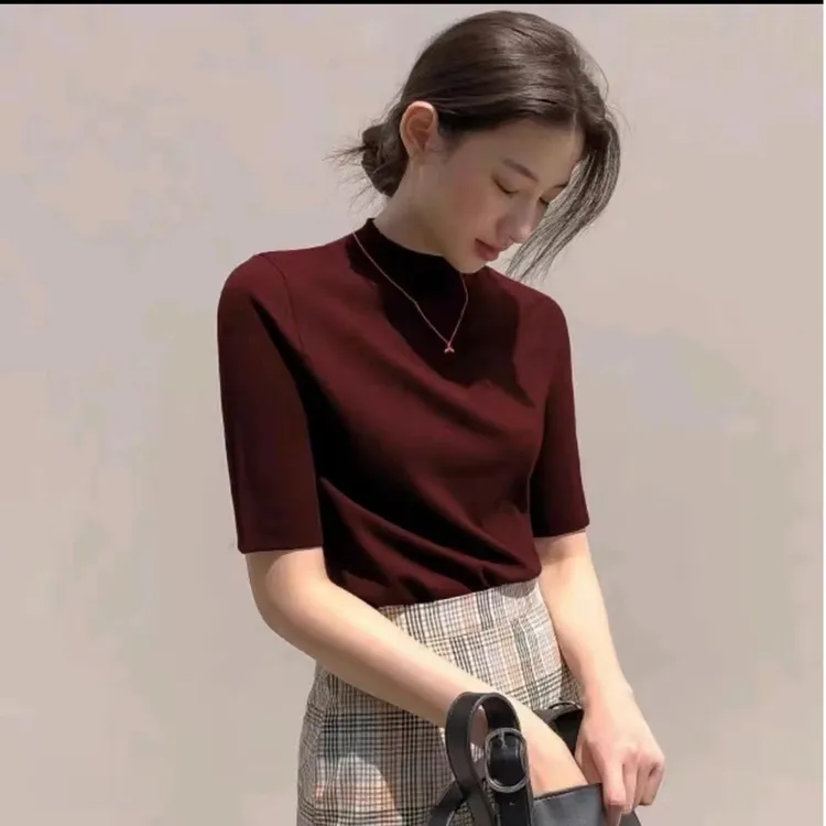 早秋修身显瘦小立领打底衫T恤女五分袖百搭洋气纯色内搭上衣#3888