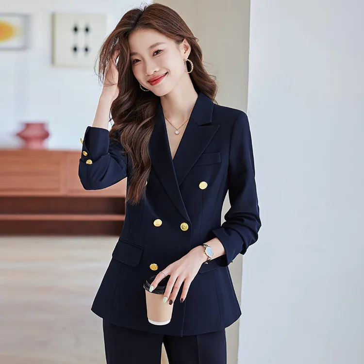 职业装长袖气质经理蓝色双排扣正装西装女装正装西服干练总裁女装