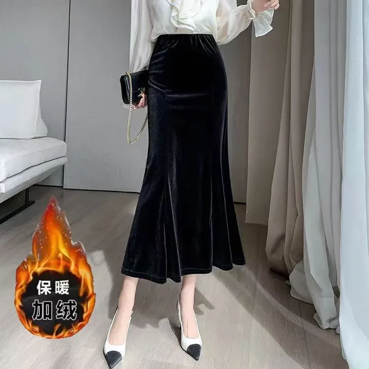 加绒金丝绒鱼尾裙女2024新款韩版时尚垂坠感包臀裙高腰显瘦半身裙