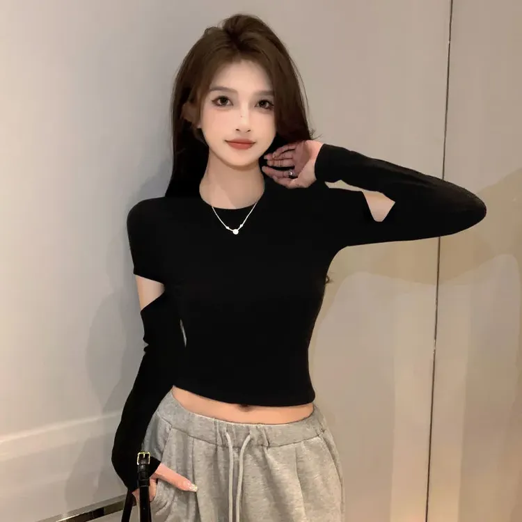 2024螺纹黑色长袖破洞紧身上衣打底衫女春秋款显瘦百搭短款t恤潮