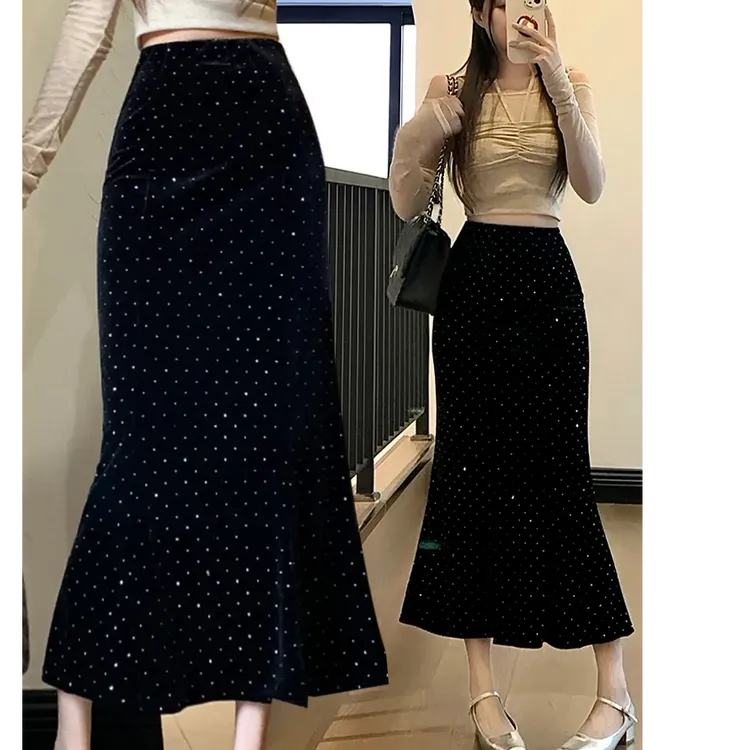 丝绒烫砖鱼尾裙半身裙女秋冬新款高腰A字裙高级感中长款包臀裙子