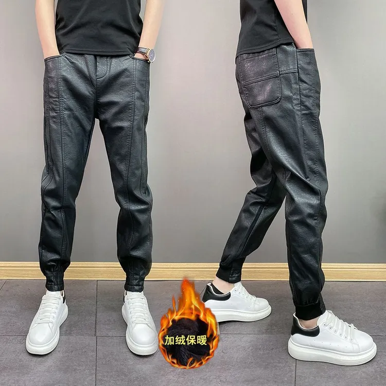 秋冬季加绒保暖外卖骑手机车防风皮裤男纯黑色小脚加厚休闲长裤子