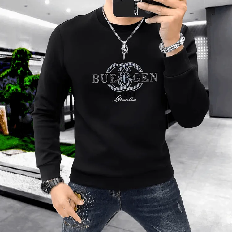 秋冬季印花烫钻男装圆领卫衣舒适透气欧货潮牌衣加绒加厚保暖上衣