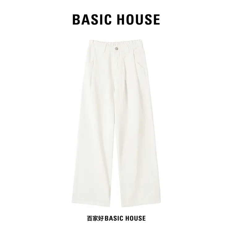 Basic House/百家好2025新款宽松斜口袋潮流一粒扣百搭牛仔裤MM