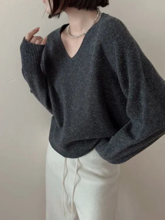 无缝v领全羊毛套头衫针织气质宽松长袖慵懒