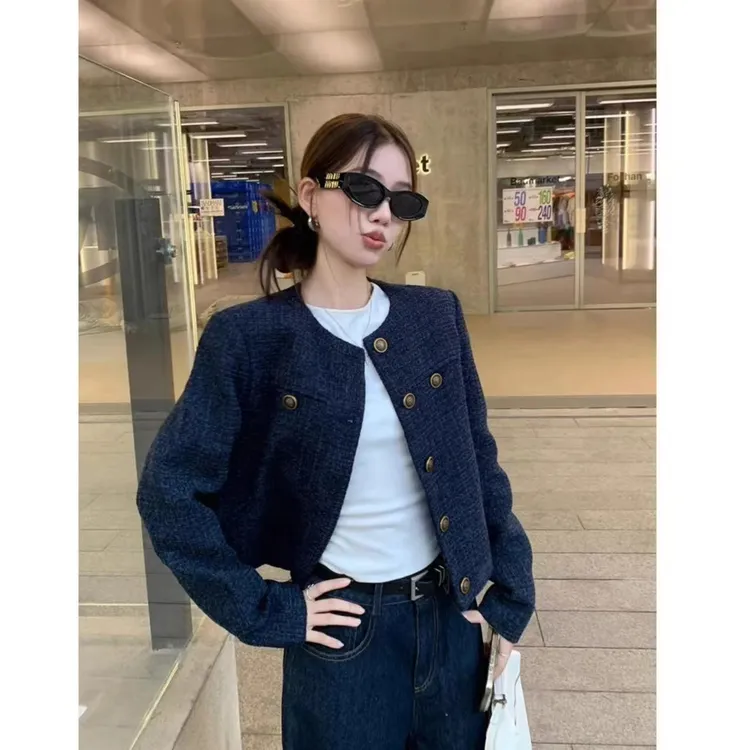 加棉秋冬蓝色新款休闲短款外套长袖上衣气质粗花呢小香风外套上衣