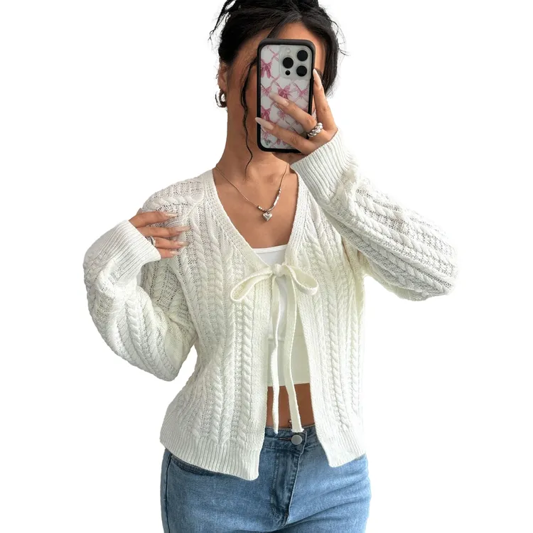 女式蝴蝶结短款开衫结长袖针织可爱奶油色开衫毛衣时尚