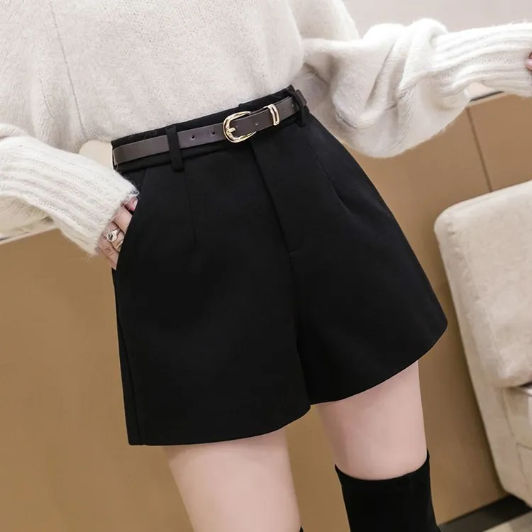 黑色毛呢短裤女2025新款ins秋冬显瘦百搭高腰时尚休闲A字阔腿短裤