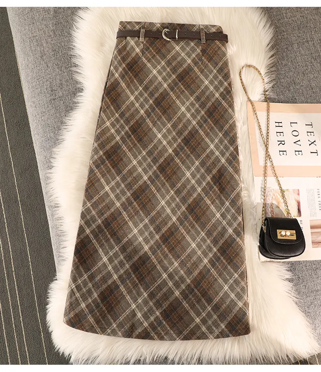 复古格纹毛呢半身裙女2025秋冬高腰A字包臀格子开叉长裙配腰带