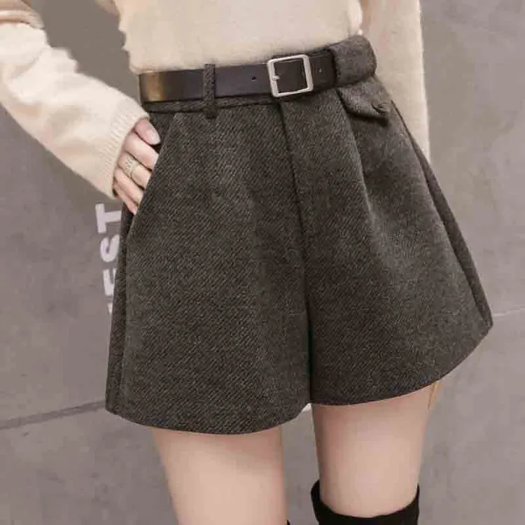 毛呢黑色短裤女新款秋冬外穿休闲高腰百搭修身显瘦阔腿短裤