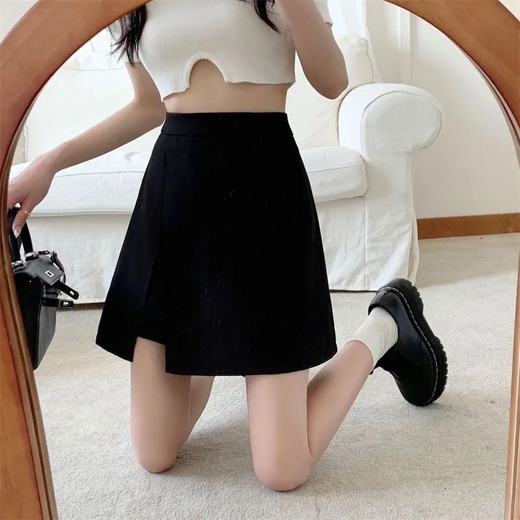 不规则防走光开叉春秋显瘦短裙裤裙a字半身裙女高腰黑色百搭包臀