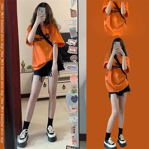 潮牌女装橘色正肩纯棉短袖t恤女2025夏季新款爆款外穿百搭潮流服 