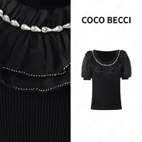 COCO BECCI【法式浪漫】木耳领烫钻法式泡泡袖上衣YT24YSU320001