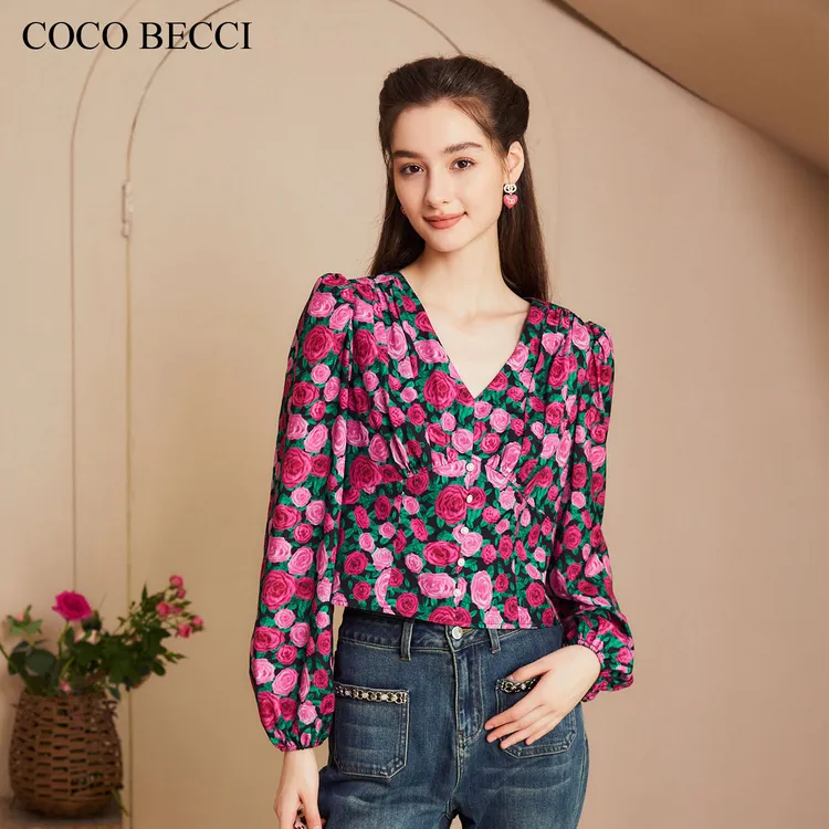 COCO BECCI【紫玫瑰】时尚玫瑰印花上衣YT24YA230010