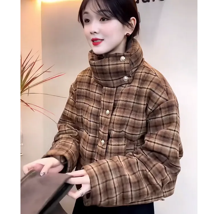 0283小个子韩系穿搭高级感短款格子时尚棉服外套女冬季新款爆款