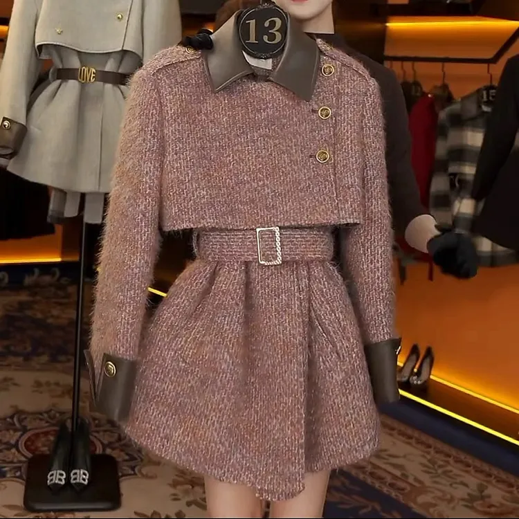 0306秋冬季百搭拼接毛呢小香风外套