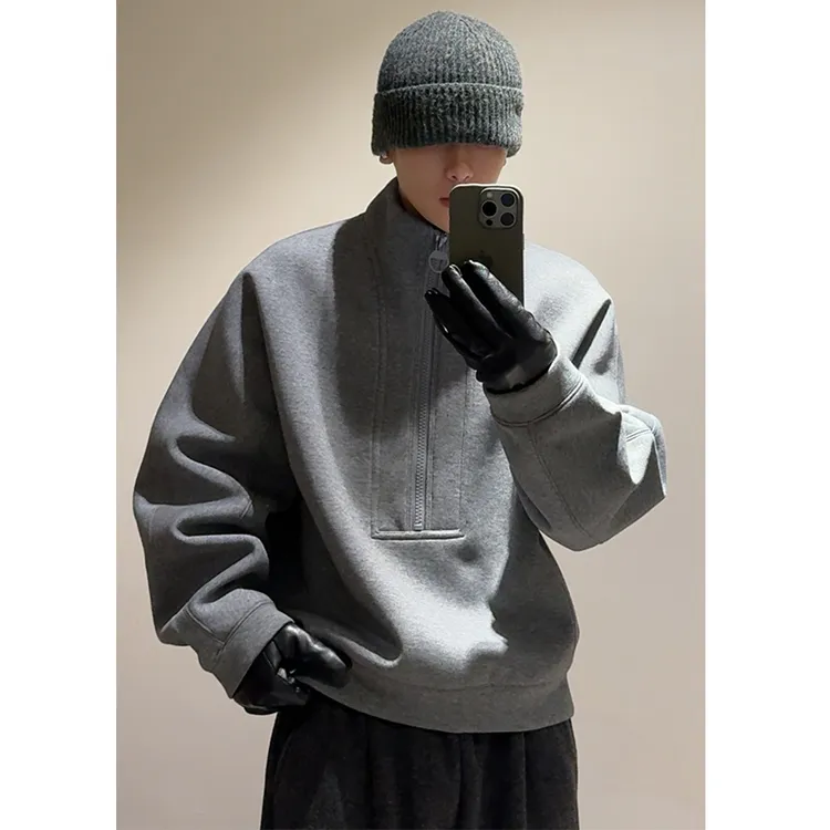 MBH | ZippersTOP大拉链高领半门禁棉混纺抗皱短宽版挺廓休闲卫衣