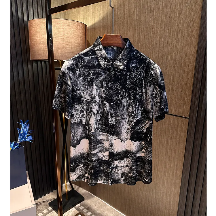 国风水墨山水！高端桑蚕丝！男士夏季高档真丝休闲百搭短袖衬衫