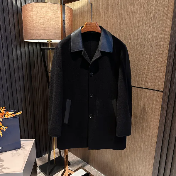 【绅士休闲 高级感】25男士高档绵羊皮拼接中长款双面呢羊毛大衣