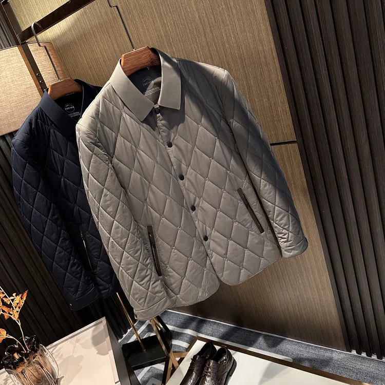 商务休闲系列冬季男士高档纯色菱形格翻领保暖轻薄棉衣棉服外套