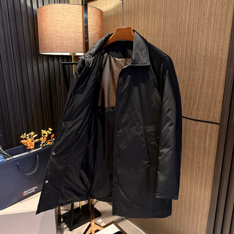 【商务经典BI备】冬季男士高品质90白鸭绒加厚保暖翻领中长款羽绒服