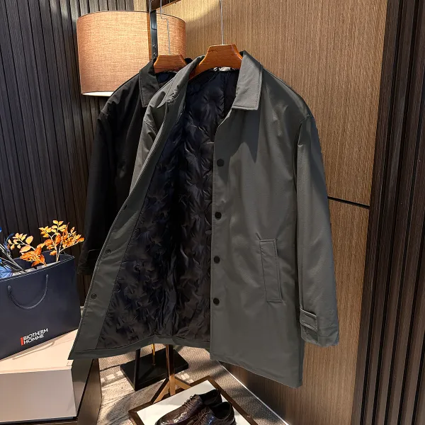 【风度保暖兼具】冬季男士简约纯色微落肩高档中长款翻领风衣羽绒服