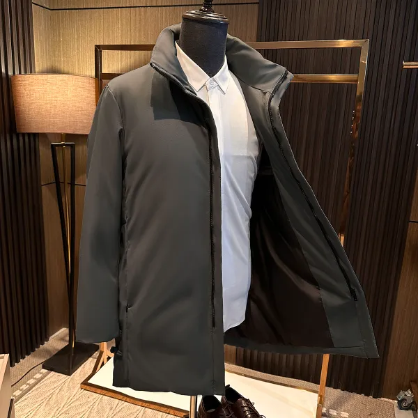 【简约商务型男】25冬季男士简约纯色百搭立领中长款白鸭绒羽绒服