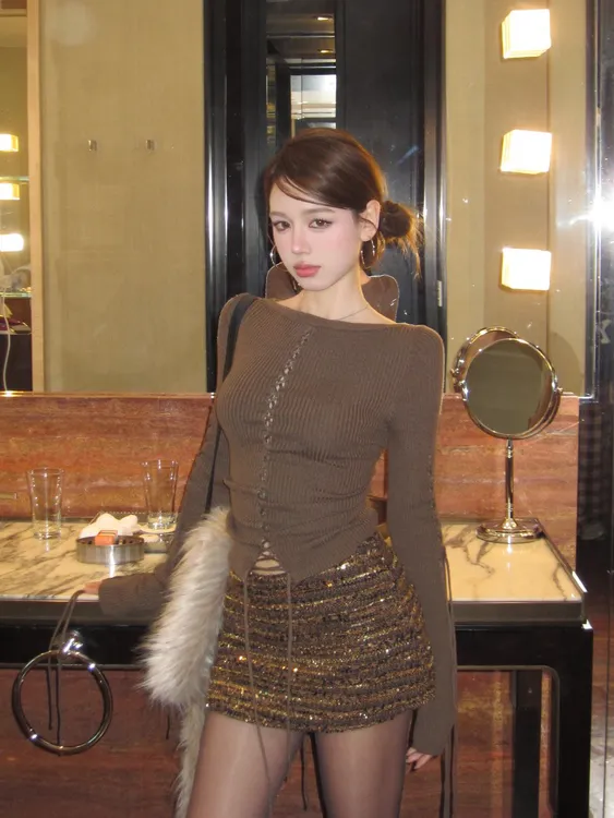 小众设计款正反两穿绑带毛衣显瘦针织衫＋半身裙百搭气质