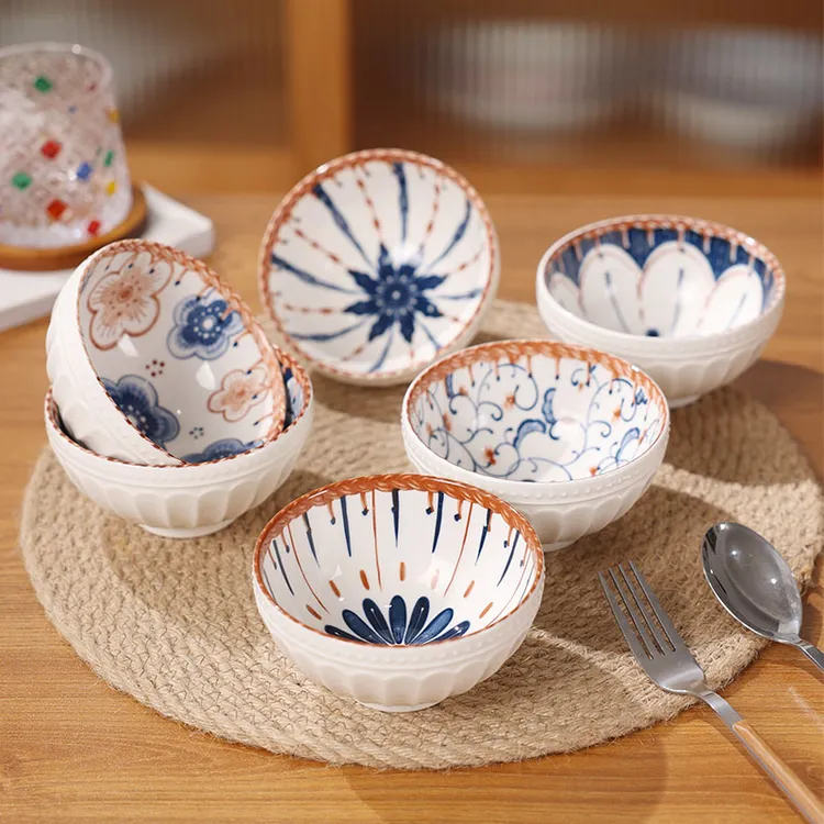 家庭6只装米饭碗家用陶瓷碗吃饭碗手绘釉下彩中式花色精美餐具
