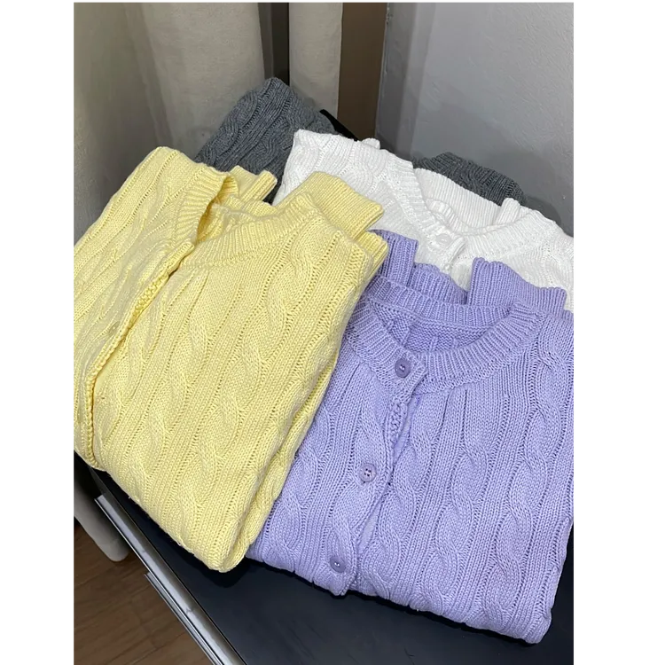 【100棉】麻花纹理单排扣长袖针织衫女2025春季新款韩版百搭毛衣