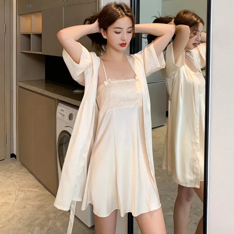 性感睡衣女夏天冰丝绸2024年新款春秋款蕾丝吊带睡裙高级感套装