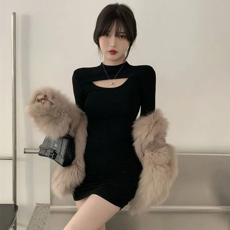 裙子秋冬女加绒高级感修身包臀裙显瘦遮肉时尚镂空黑色打底连衣裙