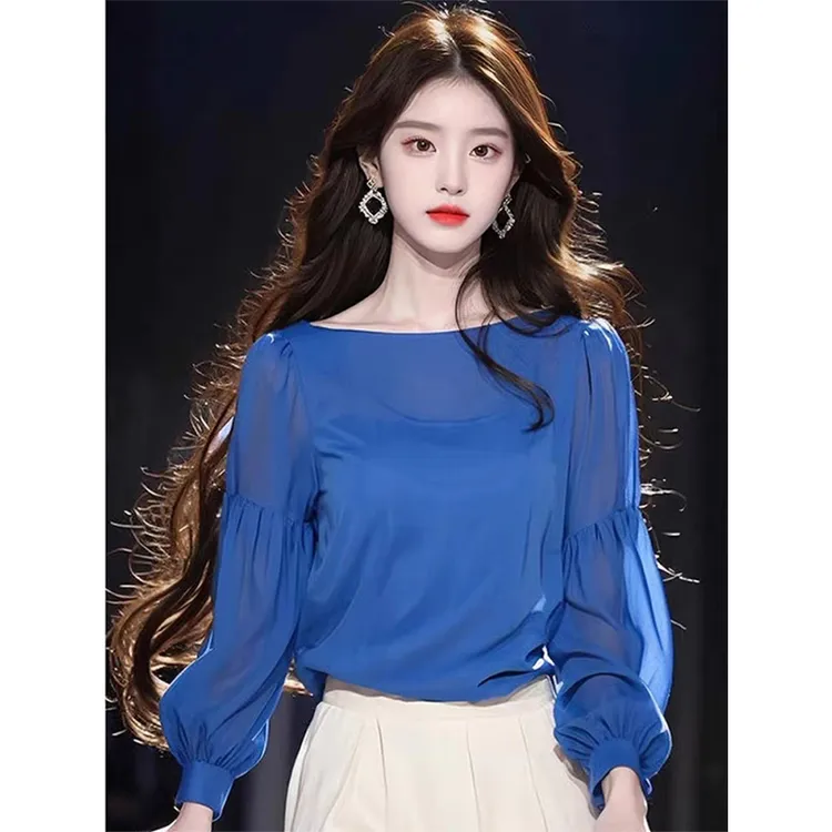 蓝色长袖衬衫秋装女款2024新款气质法式高级感独特别致早秋季上衣