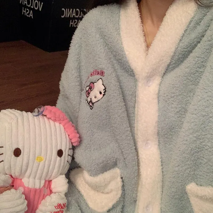 甜美珊瑚绒睡衣女日系ins加绒加厚可爱开衫保暖法兰绒家居服套装