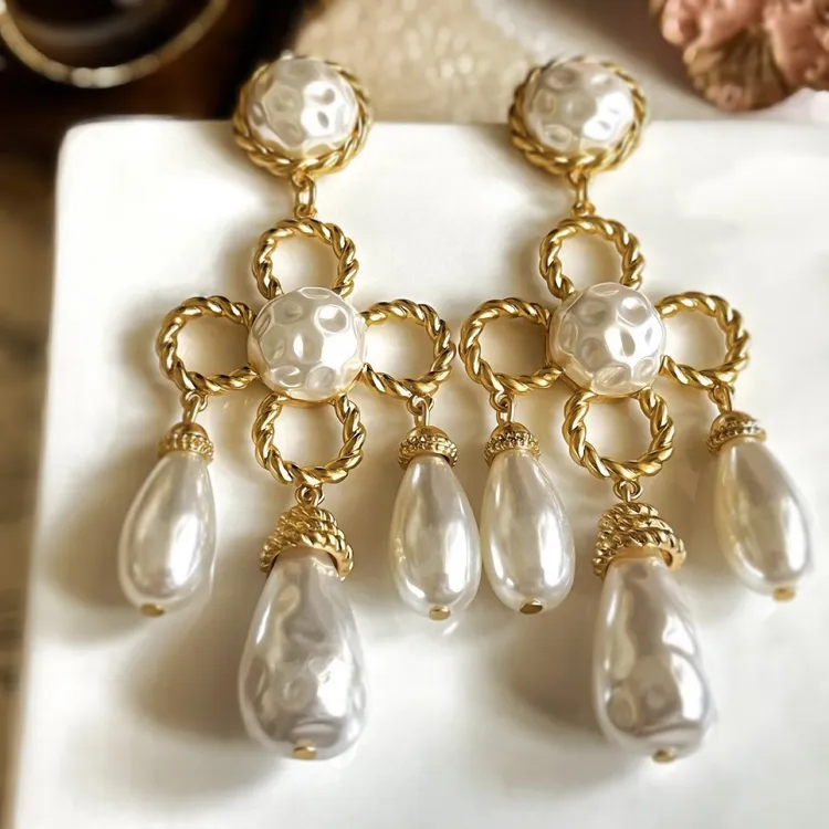 铜合金仿珍珠耳饰 1374西洋中古风vintage复古白色珠扫肩耳环耳夹